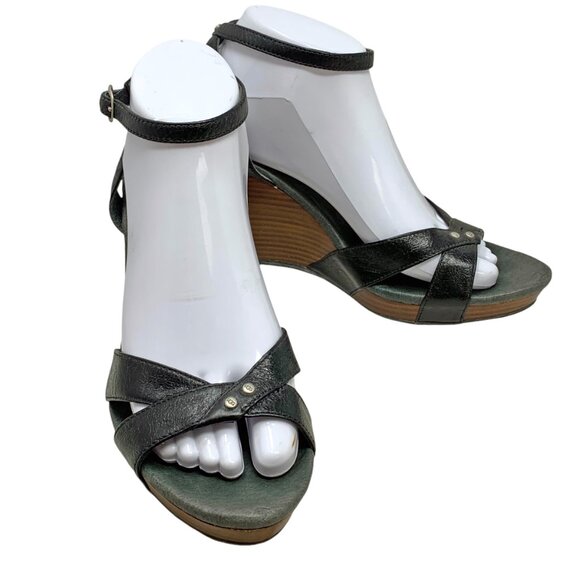 UGG Australia Isadora‎ Black Leather Ankle Strap Wedge Sandals - Picture 8 of 12